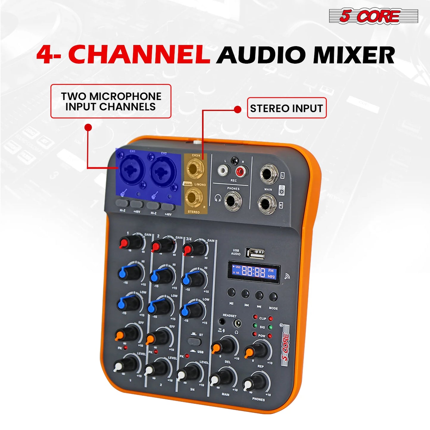 5 Core Audio Mixer 4 Channel DJ Equipment with Bluetooth USB Sound Board Console