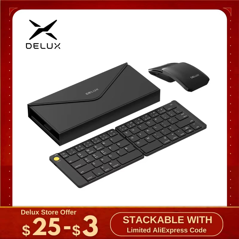 Delux Folding Keyboard Mouse Set Wireless Ultra Slim Portable Silent Kit Multi-Device Support for Windows Android IOS System